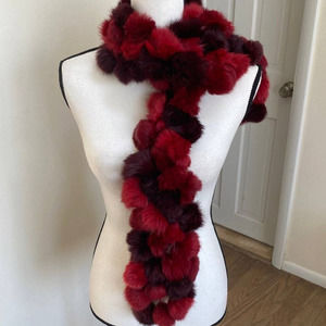 Rabbit Fur Red and Burgandy Pom Pom Scarf